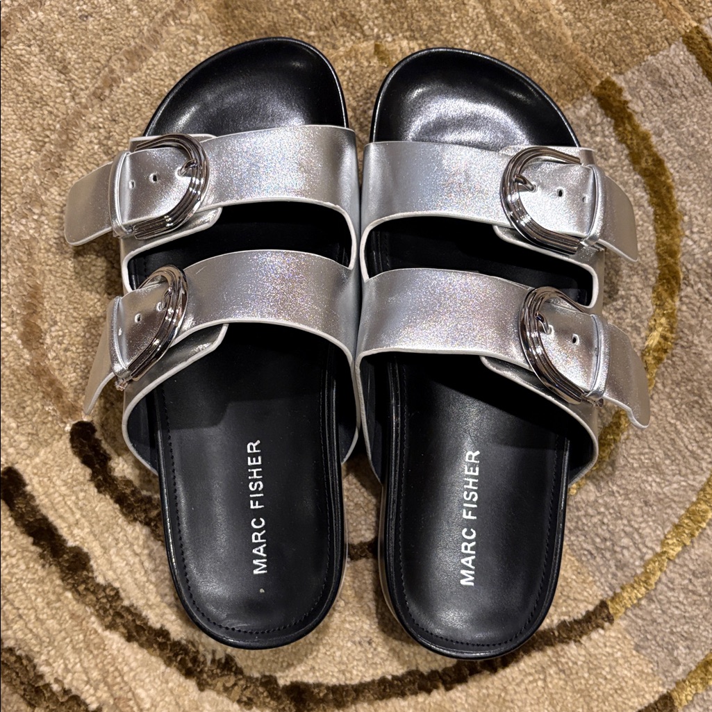 ~Marc Fisher~ Kristane Metallic Silver Buckle Slides